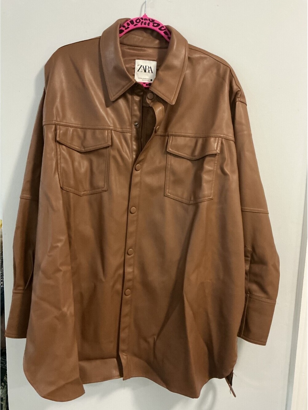 Zara Womens Plus Size XXL 2X Brown Faux Leather Tunic Jacket Belt Oversized #277